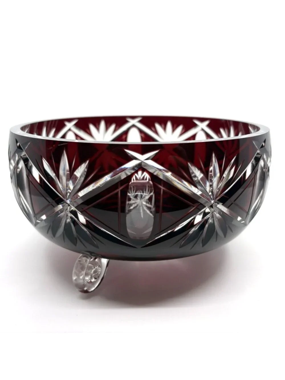 Vintage Bohemian Czech Ruby Cut to Clear Crystal Footed Centerpiece Bowl 8.5